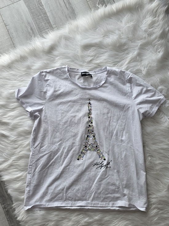 Karl Lagerfeld Tops - Karl Lagerfeld White Sequin Eiffel Tower Tee